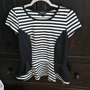 BCX Black White Stripe Woman Size L Long Spandex Shirt Blouse